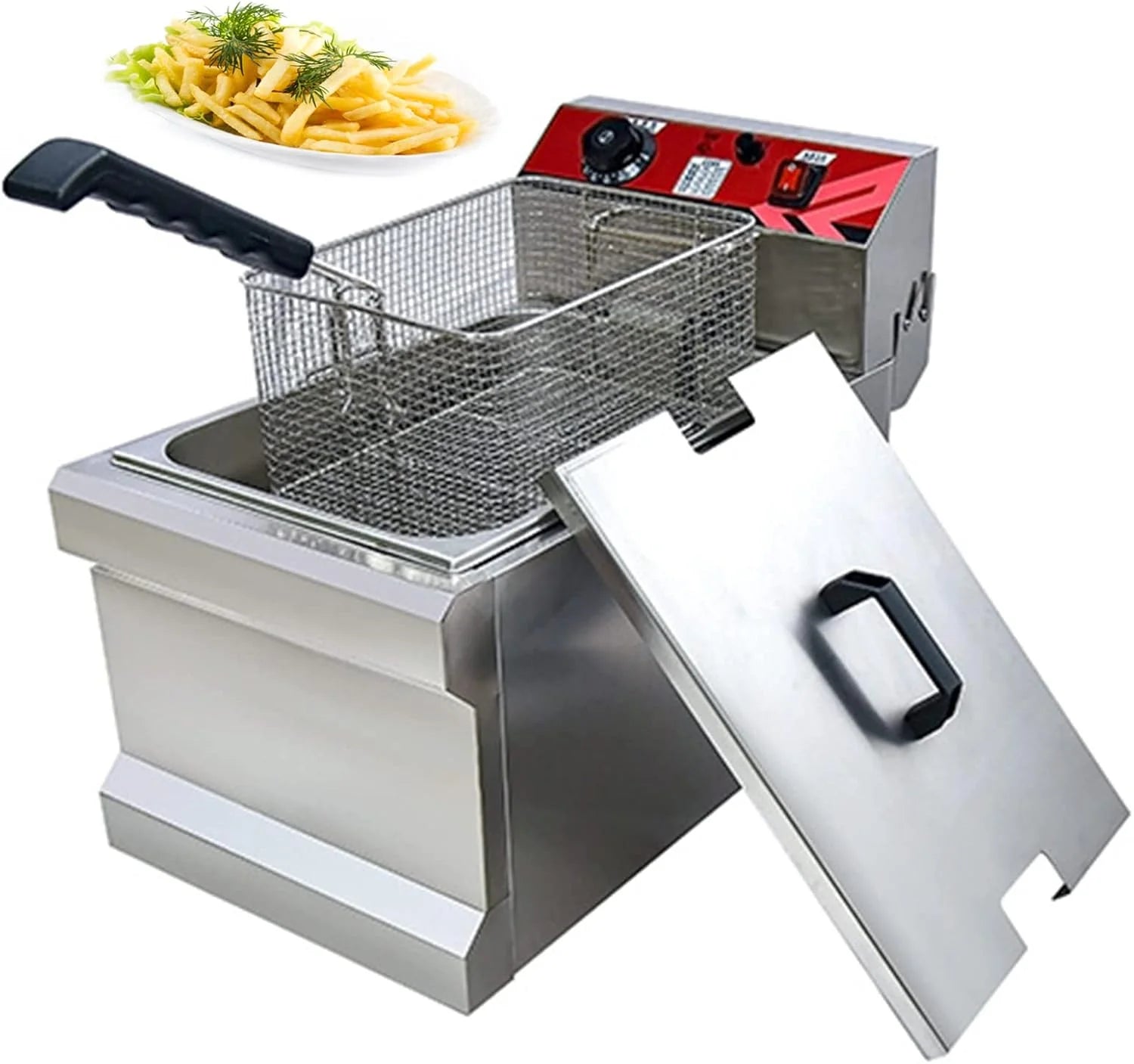 Elektrische frituurpannen voor commercieel gebruik, grote frituurpan van 17 liter met uitneembare mand en deksel, geschikt voor restaurants en commerciële toepassingen.