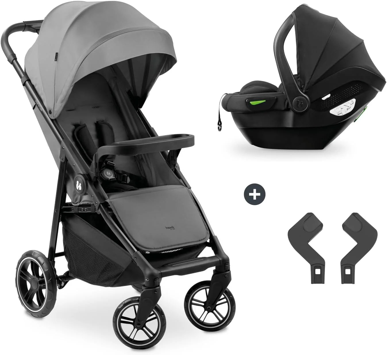 hauck Shop N Care Trio Set, Grey - 3in1 combi kinderwagen vanaf geboorte tot 22 kg - buggy, babywanne  i-Size babyschaal, snacktablett  bekerhouder, UPF 50+, ligstand, inklapbaar(Travel Set, Grey)