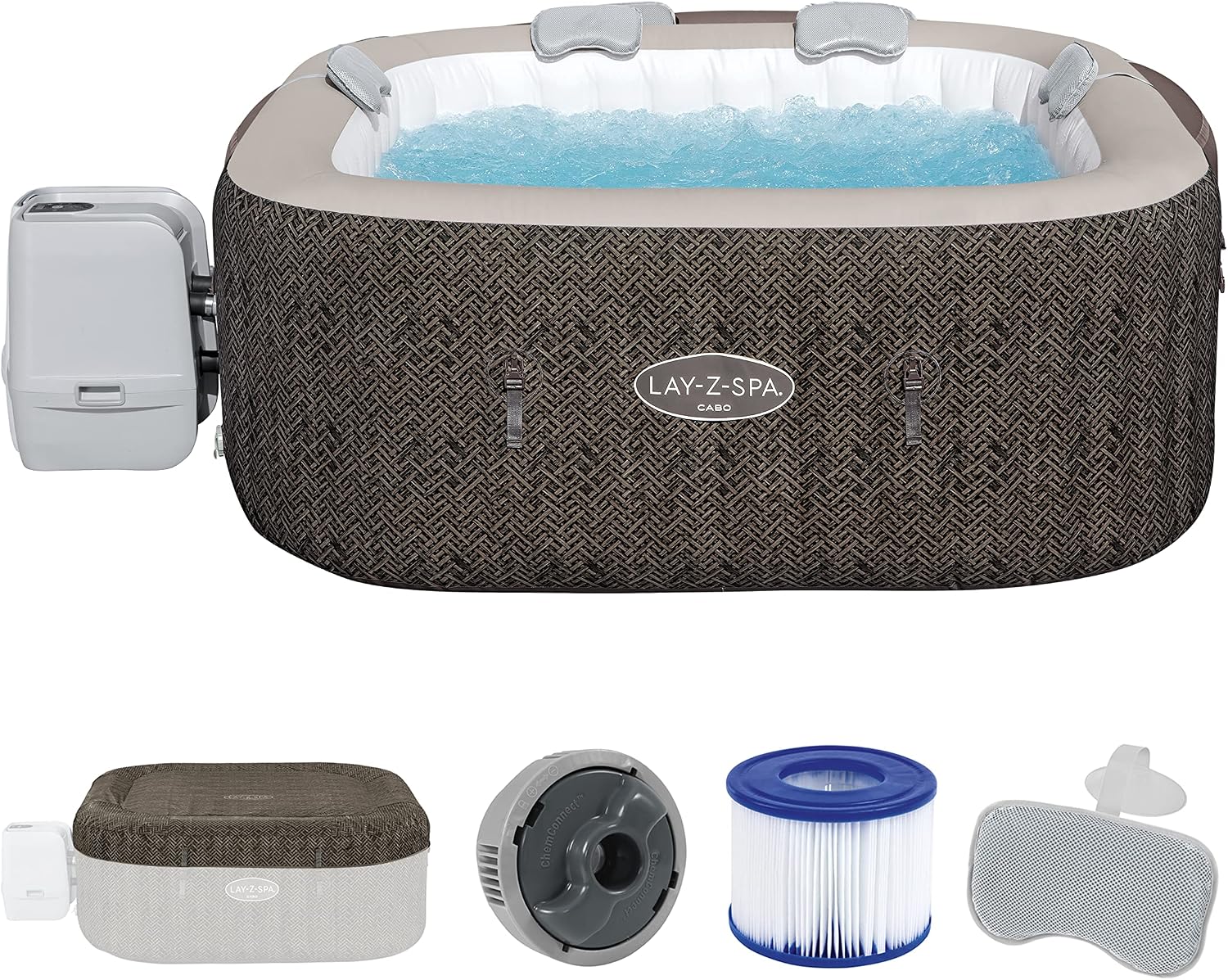 Bestway 6001R Lay-Z-Spa Cabo Smart HydroJet Energiebesparende whirlpool met app, 4-6 personen, bruin rotan-look