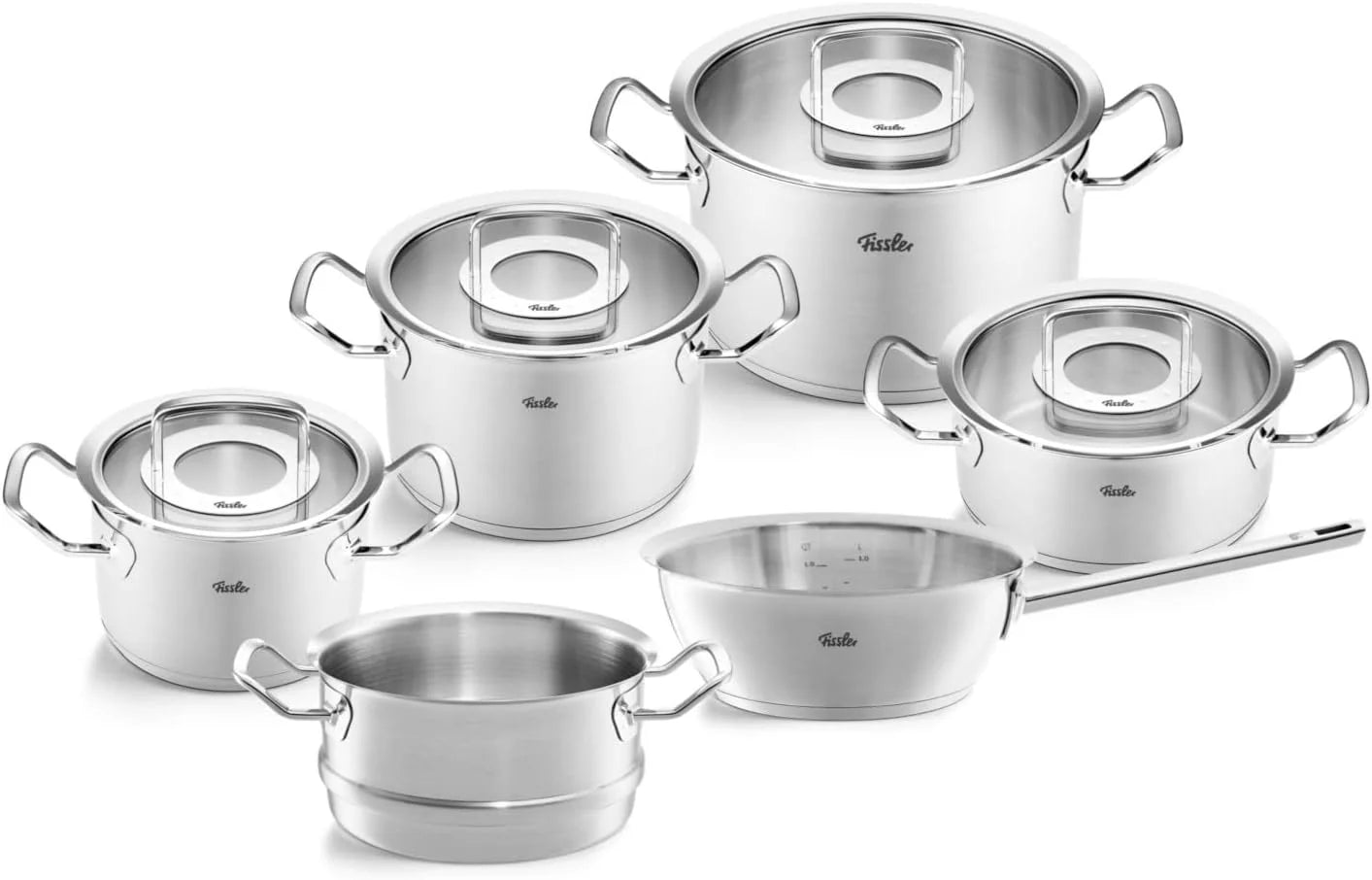 Fissler Originele Profi Collection, roestvrij stalen pannenset, 6-delig, pannen met glazen deksel (3 kookpannen, 1 braadpan, 1 saude-dekselloos, 1 stoominzet) - inductie
