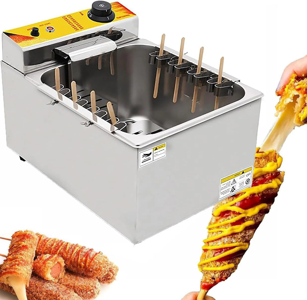Commerciële frituurpan van roestvrij staal voor op het aanrecht, frituurpan voor hotdogs, 8-delige set frituurapparatuur voor worstjes, instelbare temperatuur